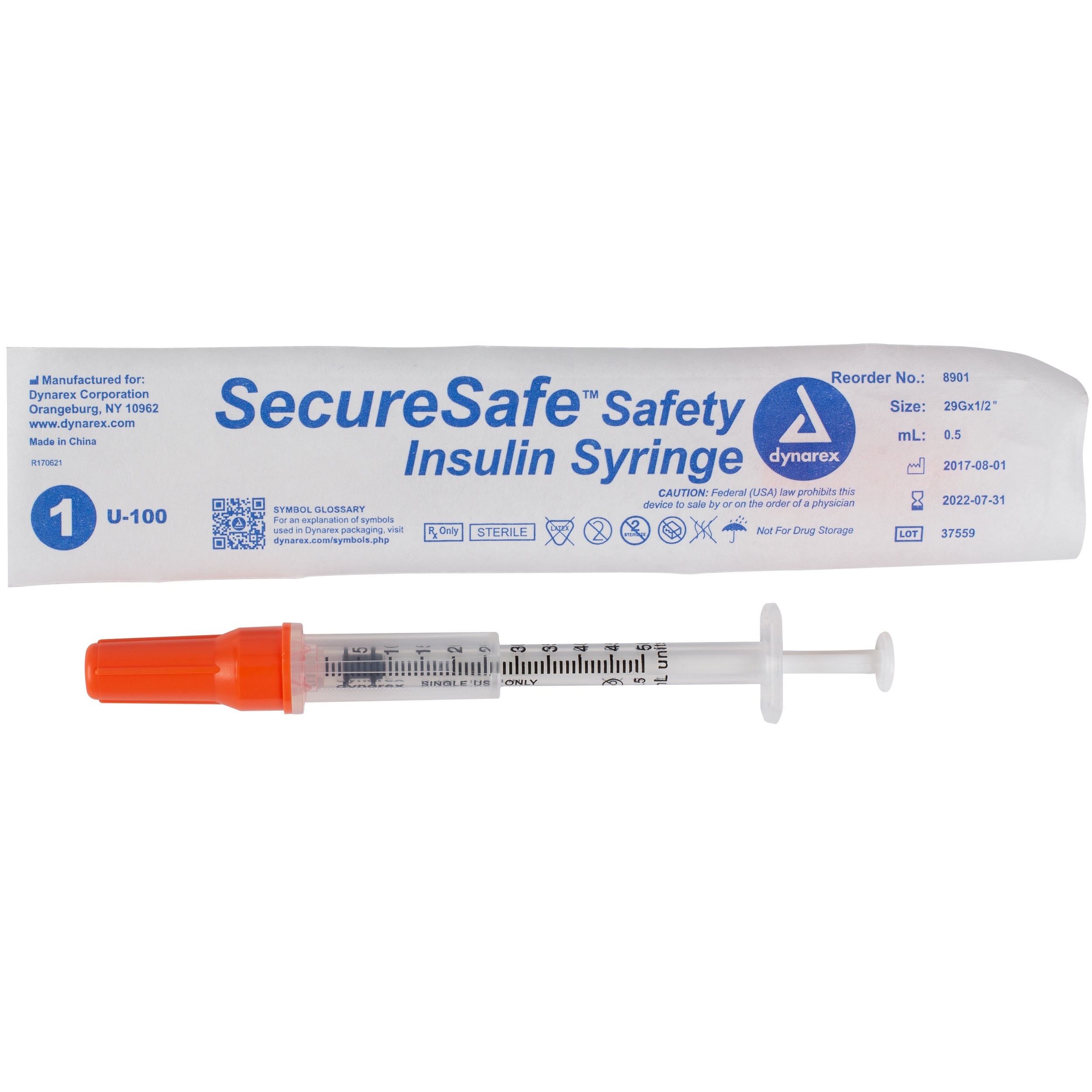 SecureSafe Safety Insulin Syringe - .5cc - 29G, 1/2" needle