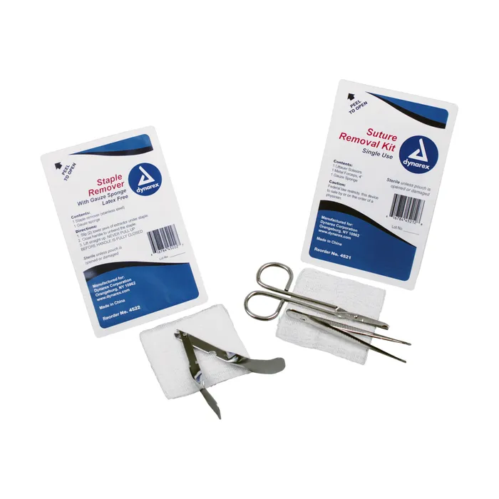 Sterile Suture Removal Kit. Contains: Littauer Metal Scissor, 4" Metal Forcep & 3" x 3" Gauze Pad