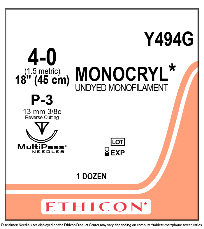 SUTURE MONOCRYL 4-0 P-3 UNDYED MONOFILAMENT 18IN 45CM