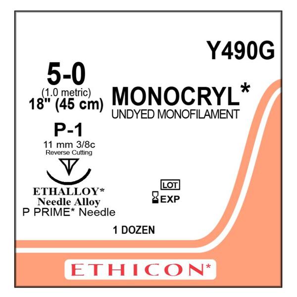 SUTURE MONOCRYL 5-0 P-1 UNDYED MONOFILAMENT 18IN