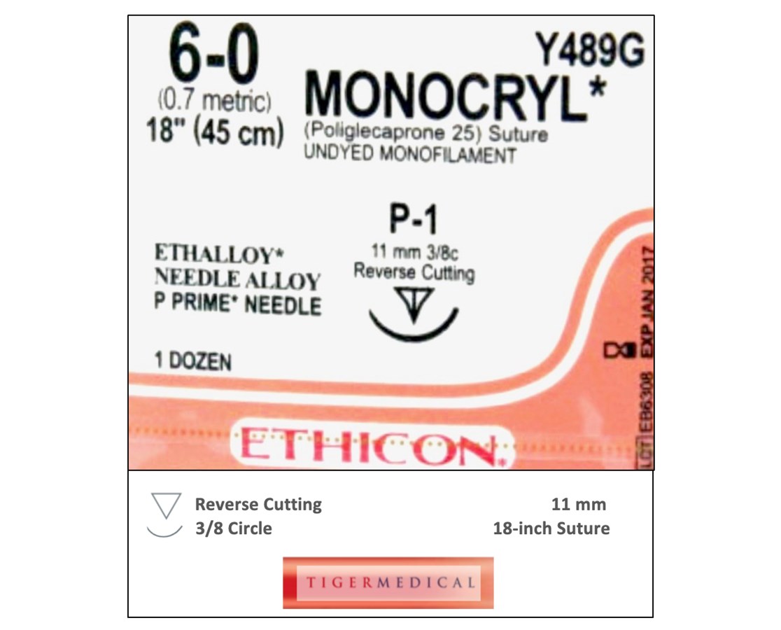 SUTURE MONOCRYL 6-0 P-1 UNDYED MONOFILAMENT 18IN